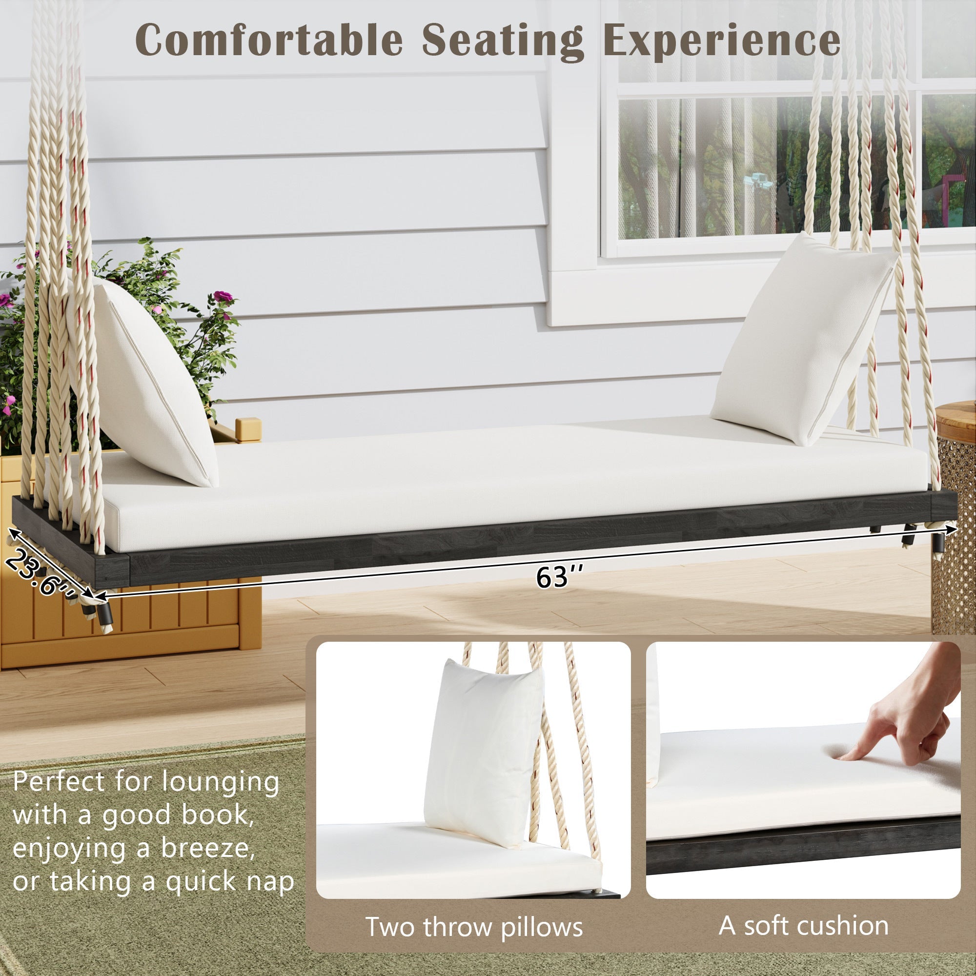 Patio Wooden Swing Chair, Hanging Porch Swing Bench with