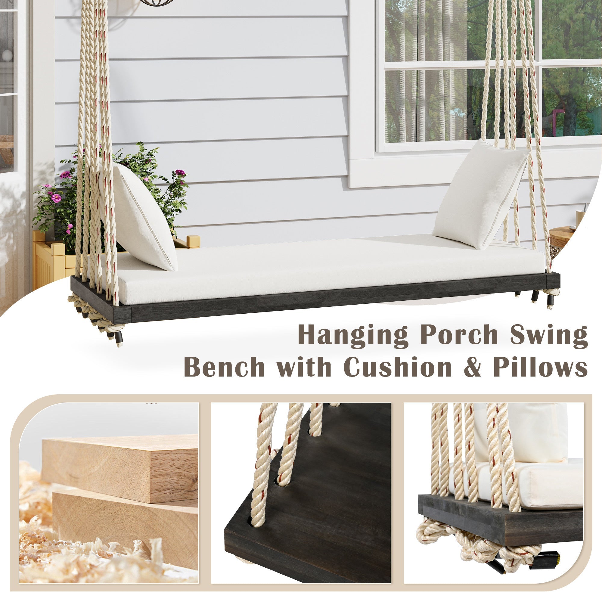 Patio Wooden Swing Chair, Hanging Porch Swing Bench with